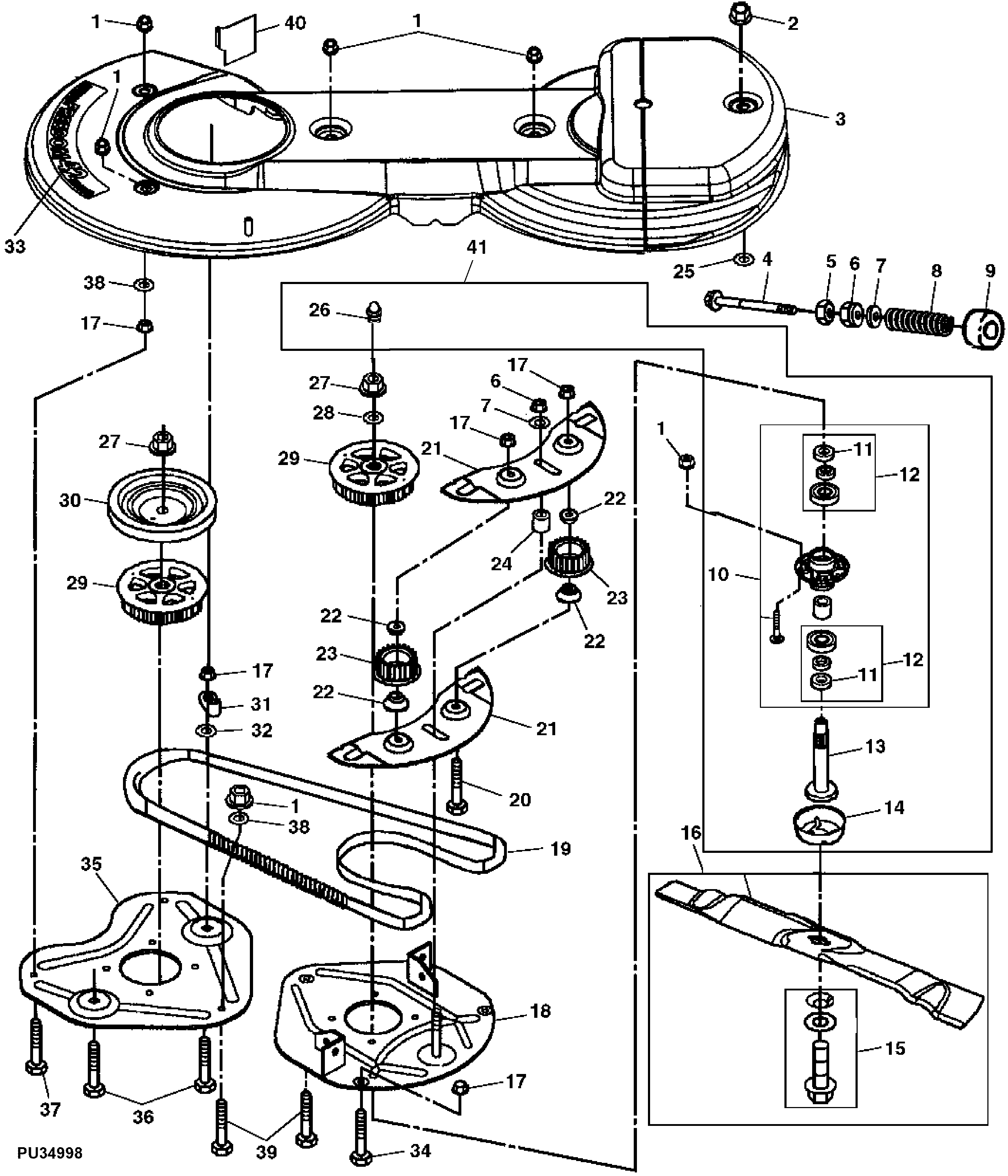 MOWER DRIVE BELT, SHEAVES, SPINDLES AND BLADES