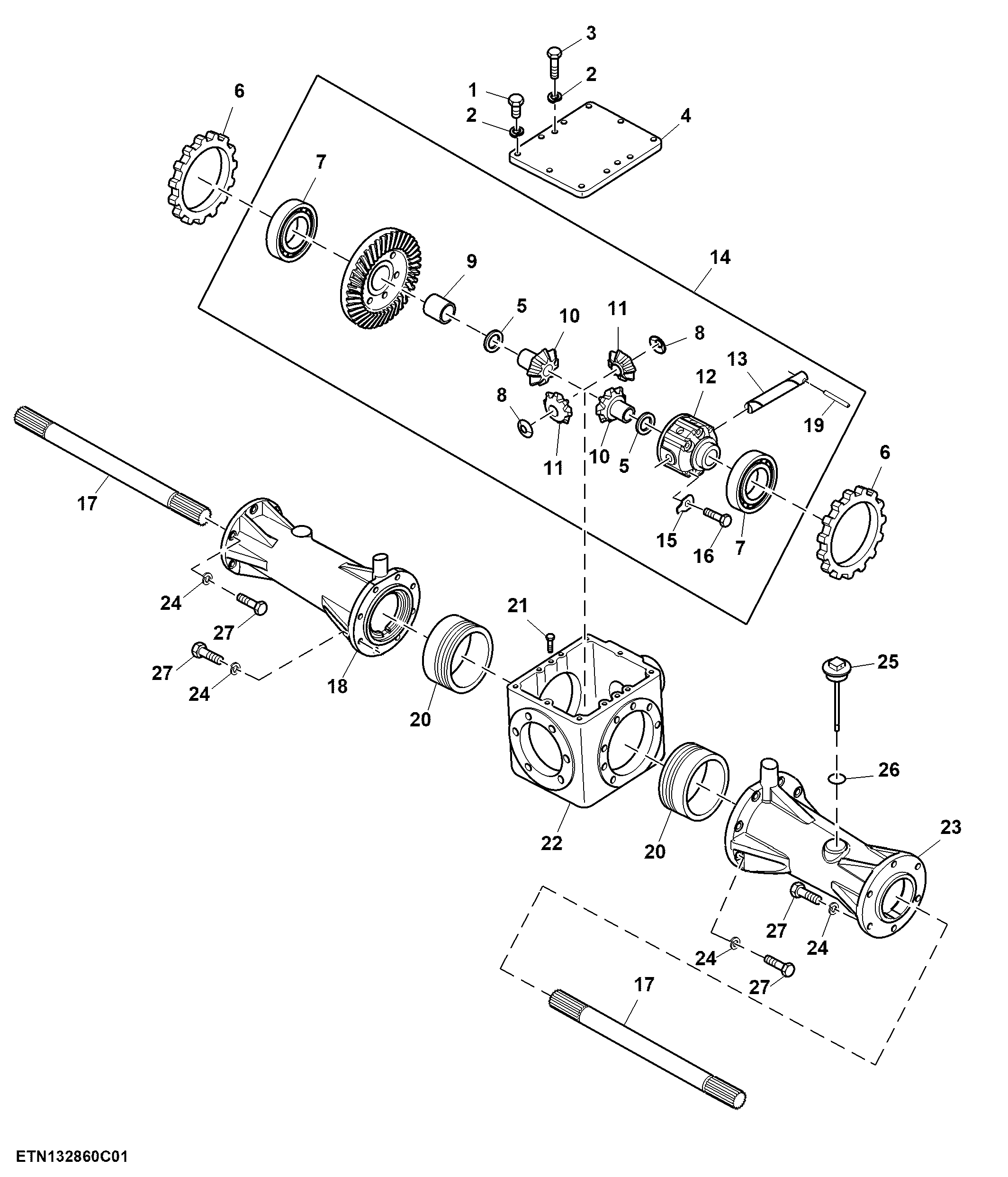 Front Axle Housing and MFWD Differential, 1200 mm