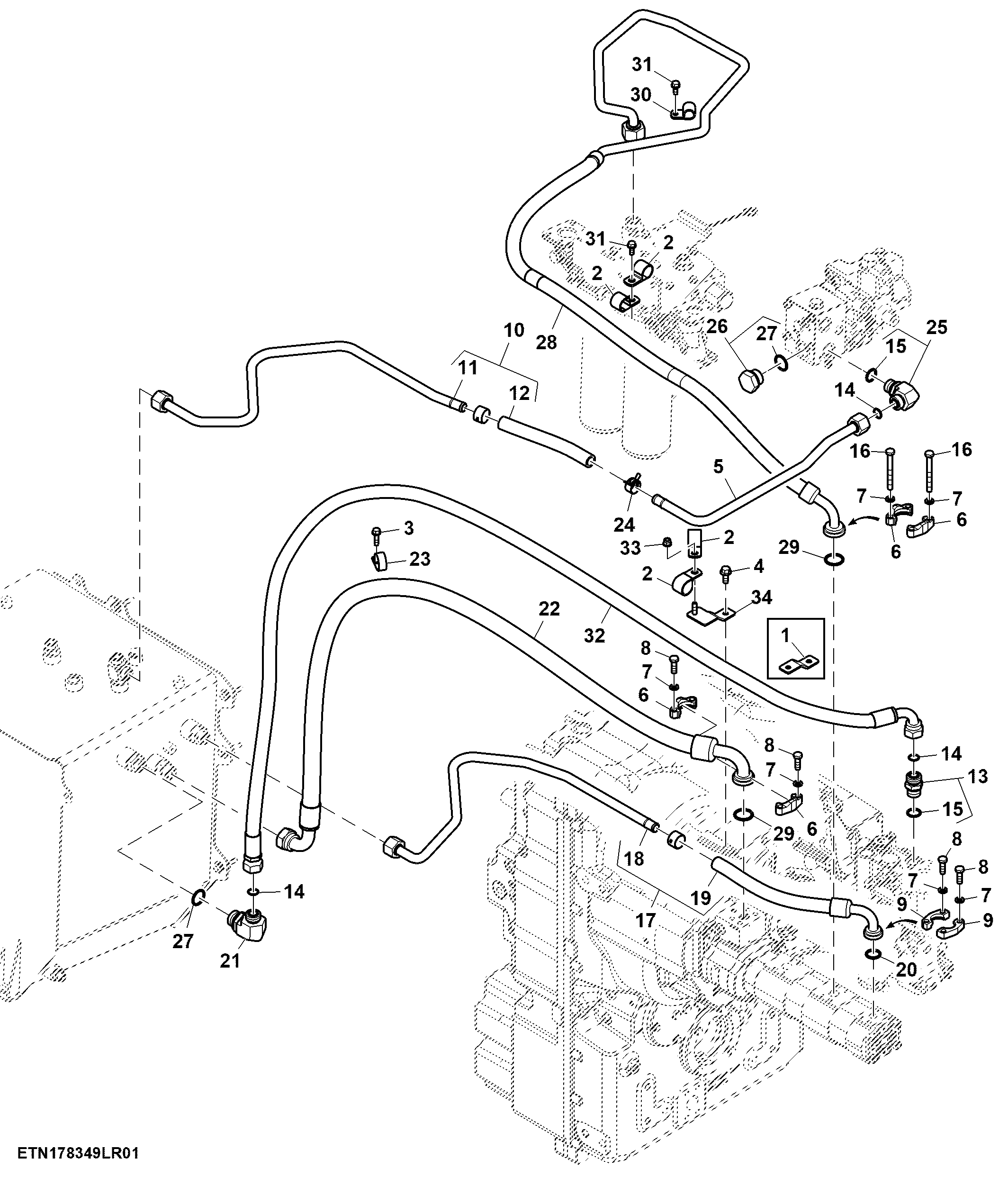 Hydraulic Lines, Standard Flow, W/ PTO, Double Reduction Axle (1/3) (804101 - 809001)