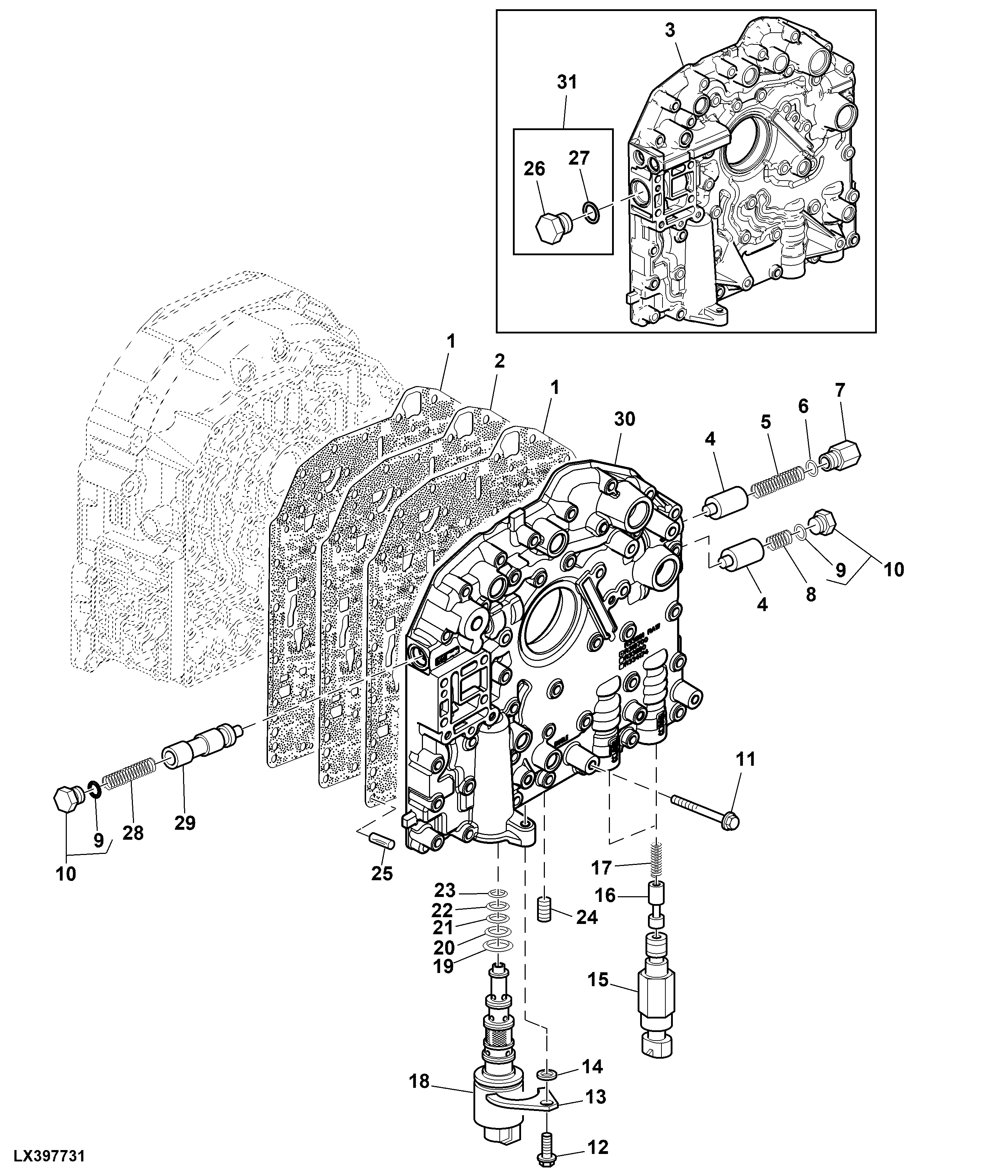 FRONT COVER AND VALVES (WITH ELECTR. REVERSER CONTROL)