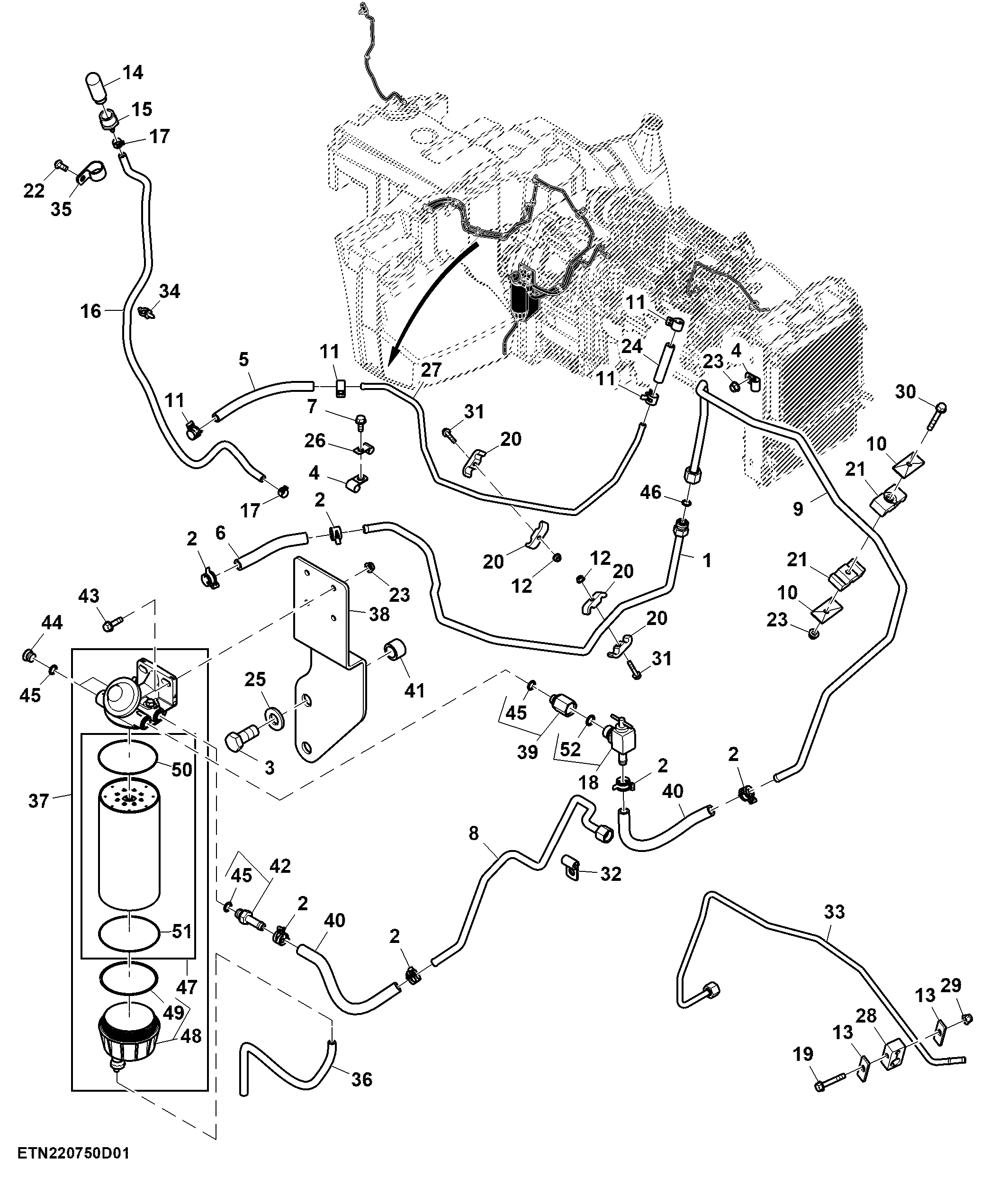 Fuel Line, W/ Water Separator, e23™, Group 49 Tire, T3 Engine (For EAEU) (150001 - )