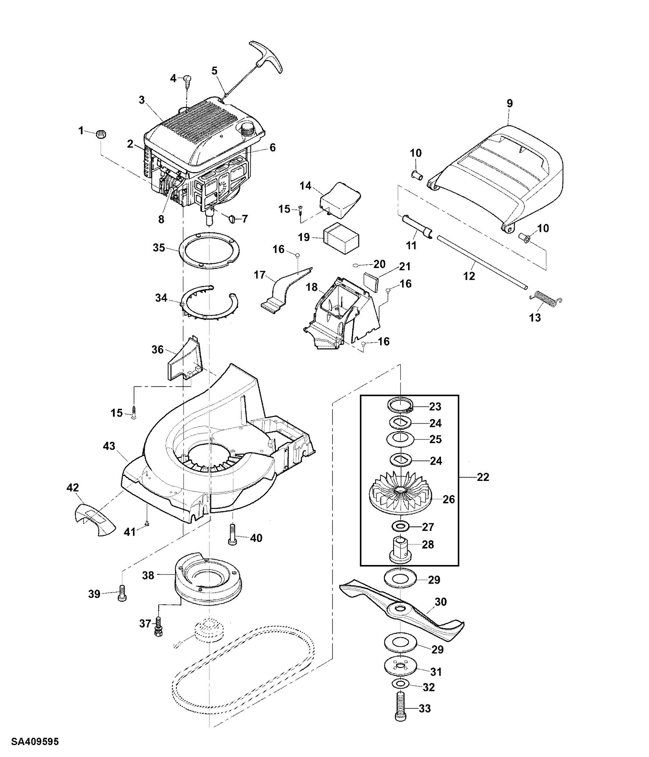 Engine / Mower Deck / Housing / Discharge / Battery
