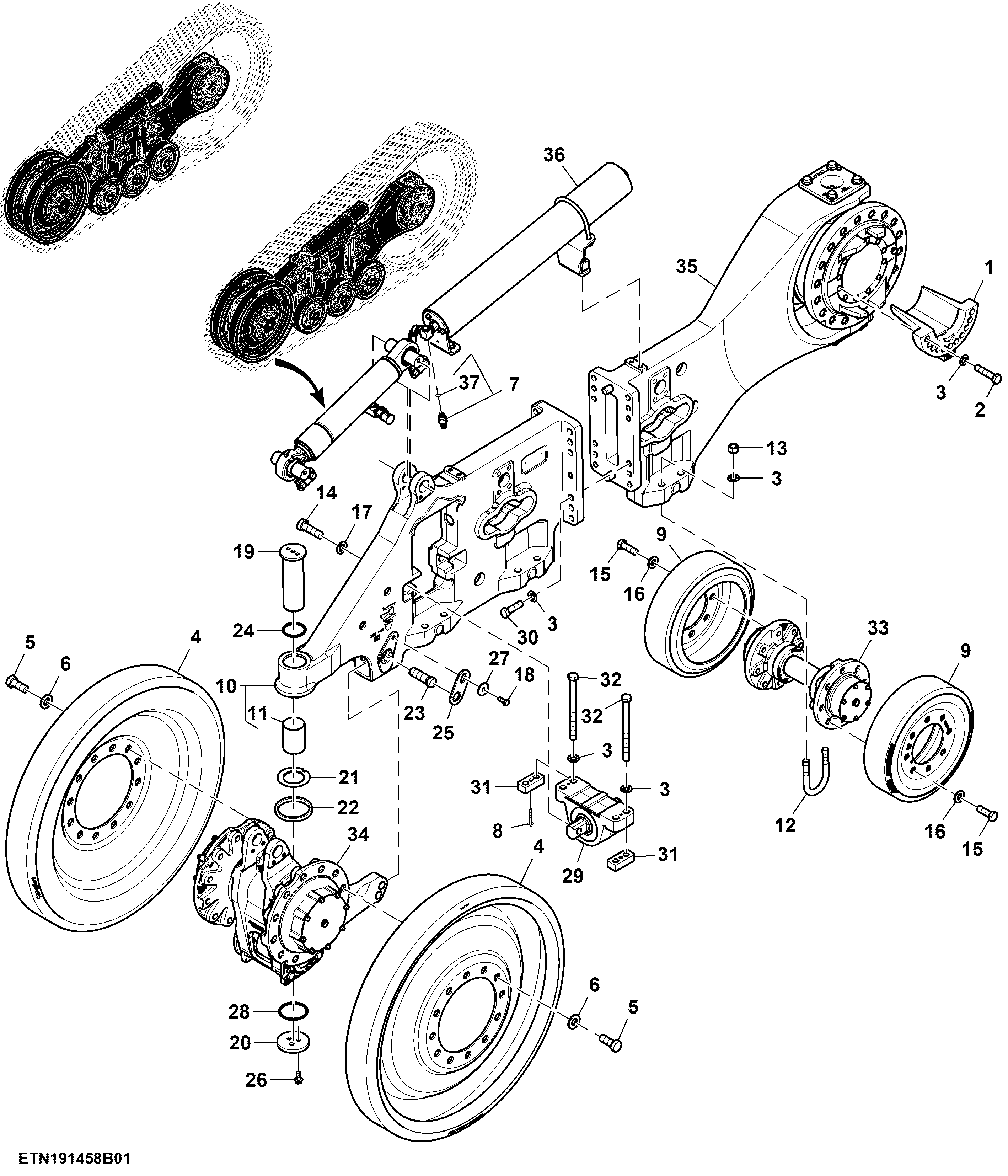 Track Frame Assembly, Narrow Undercarriage, Polyurethane Midroller Wheels