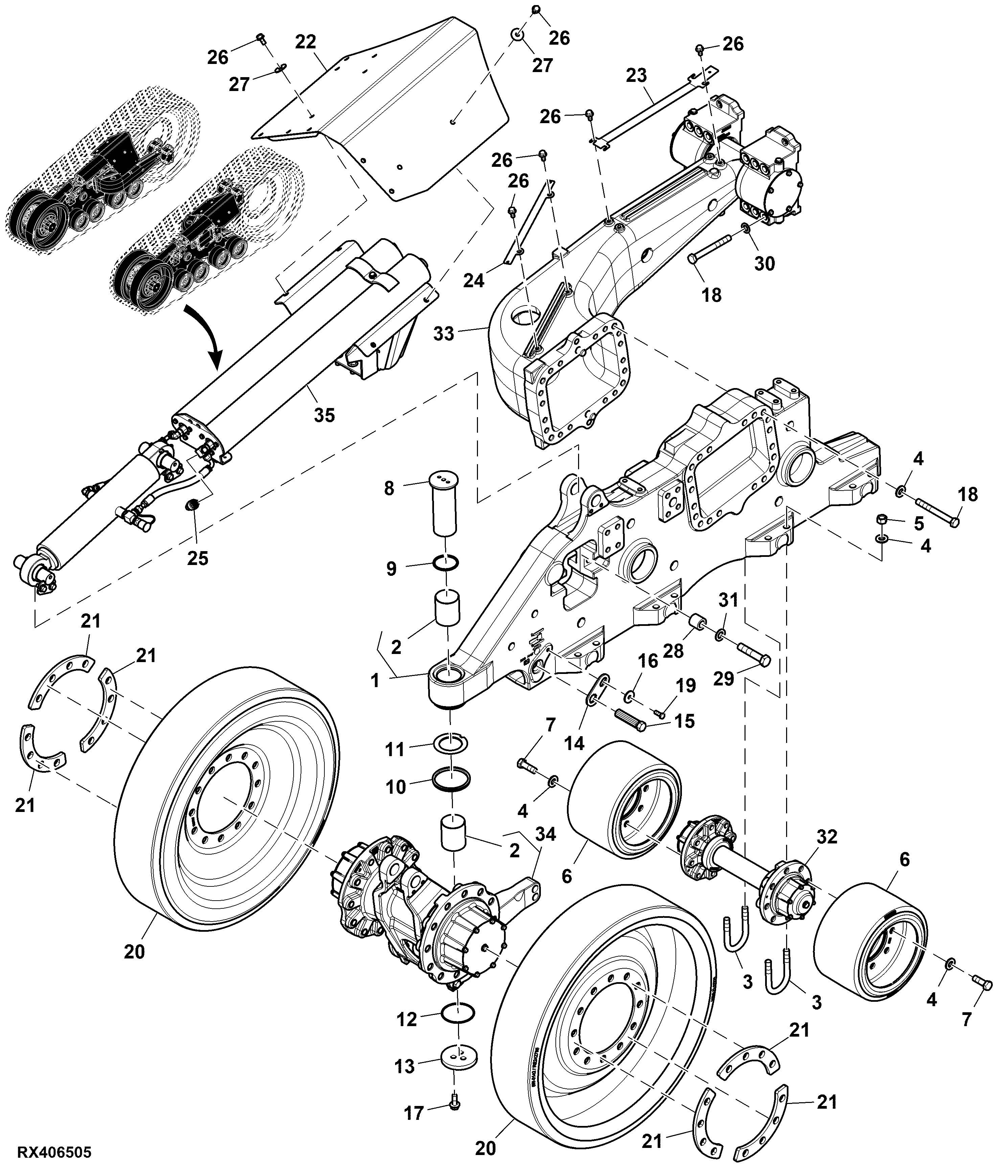 Track Frame Assembly, Polyeurathane Midroller Wheels (LH Illustrated)