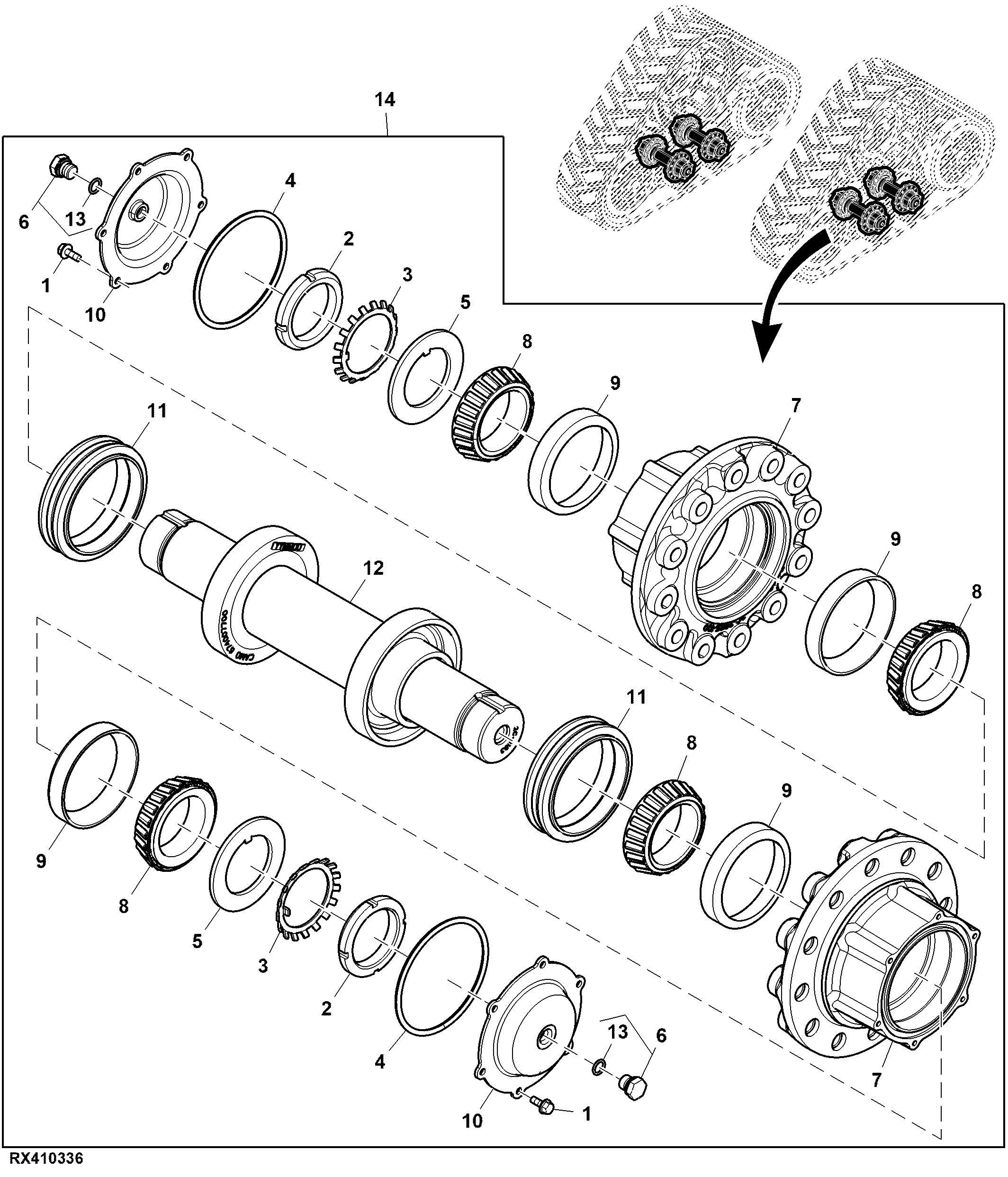 Midroller Spindle, Front Track Assembly (LH Illustrated)