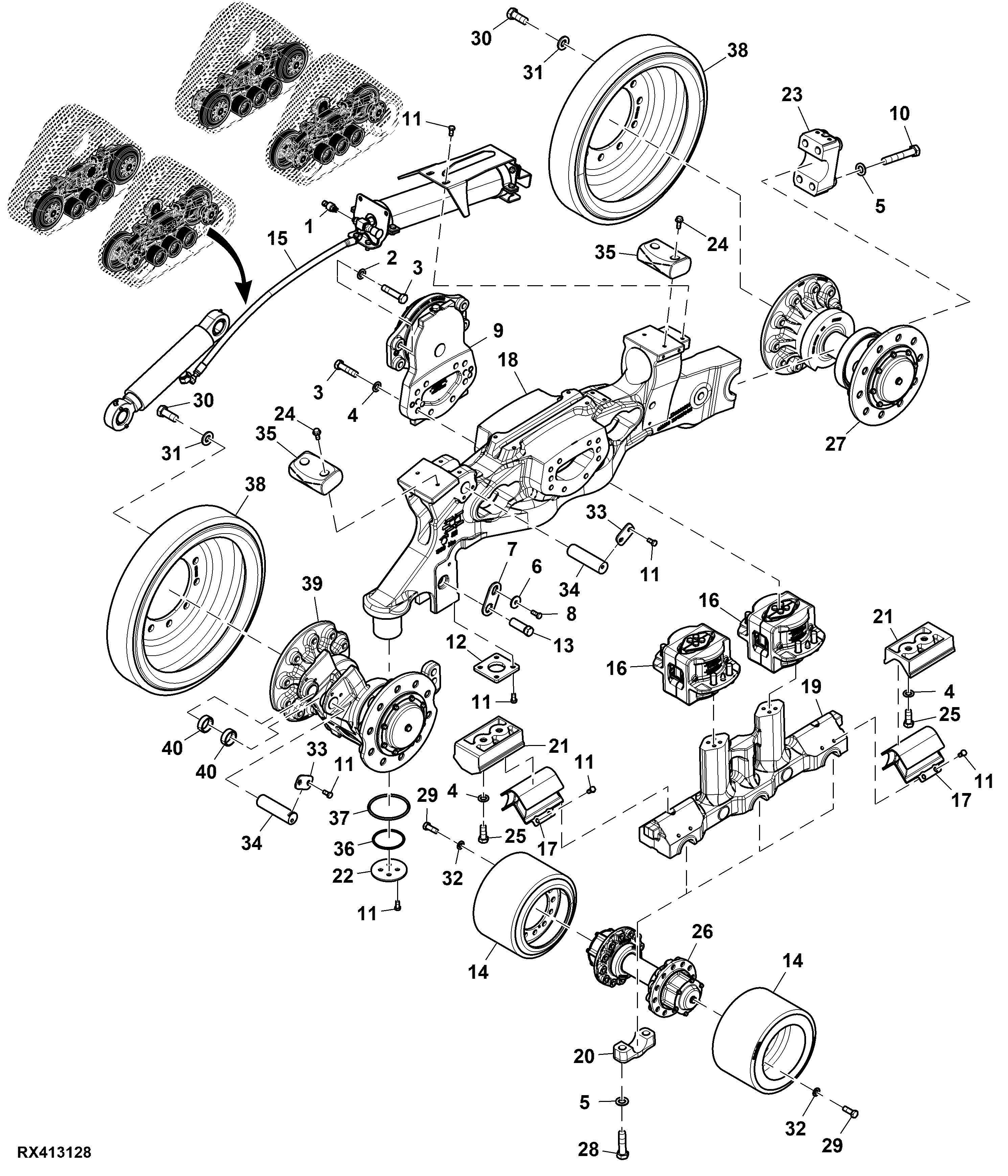 Track Frame and Support Assembly, 18" Width, Narrow Undercarriage (Front, LH Illustrated