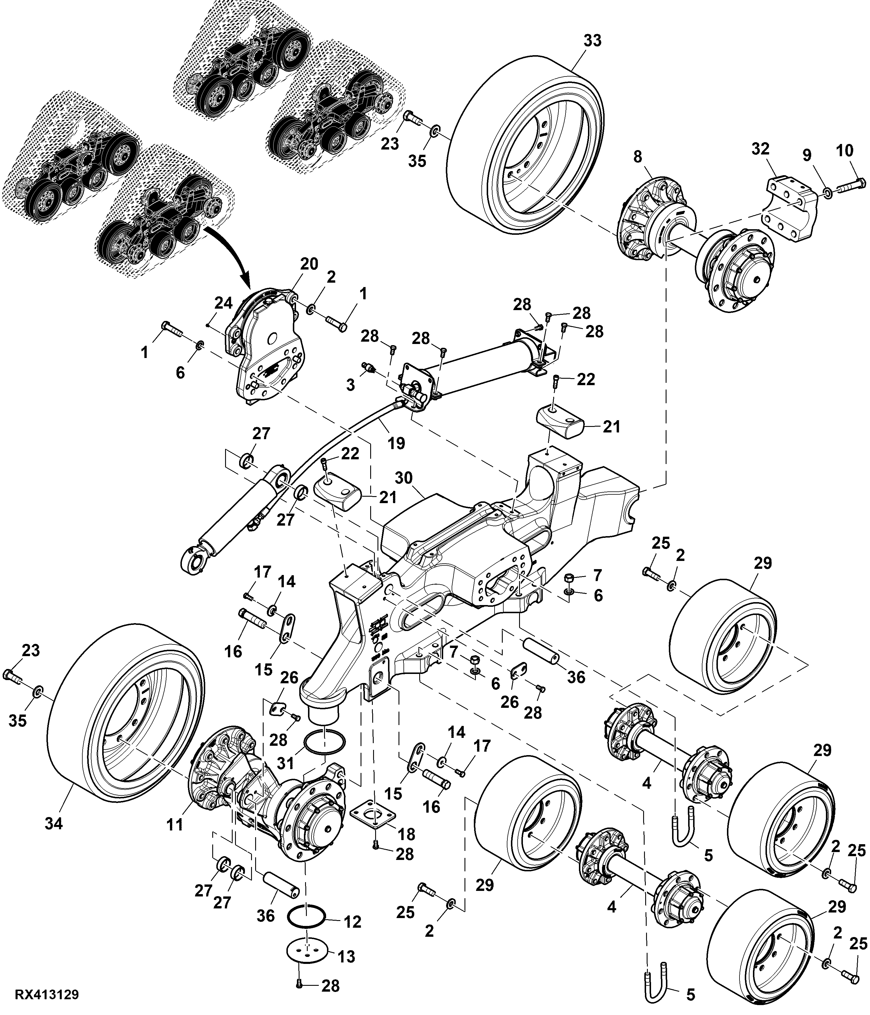 Track Frame and Support Assembly, Polyeurathane Midroller Wheel, Wide Undercarriage (Front, LH Illustrated)