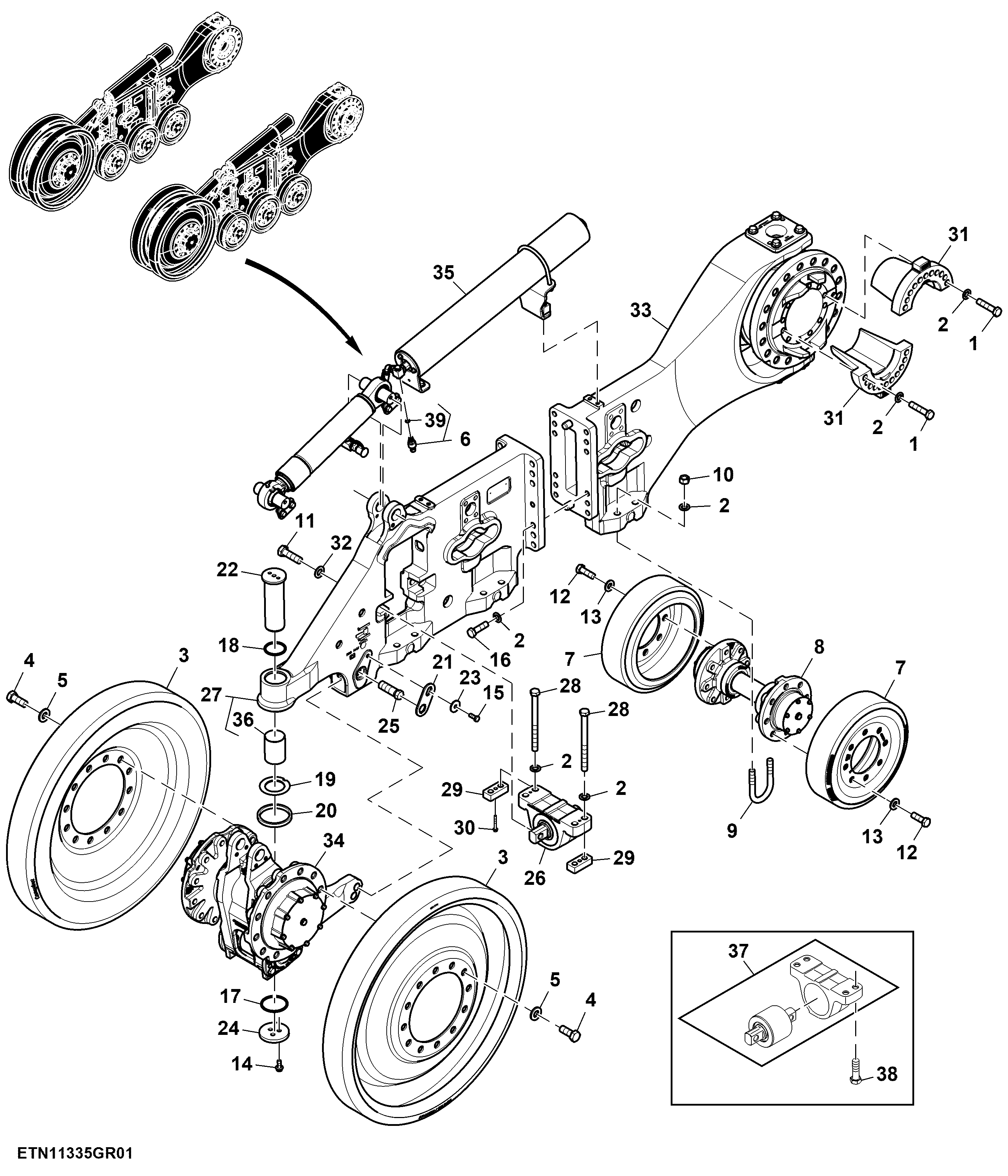 Track Frame, Wide undercarriage, Rubber Midroller, (LH Illustrated)