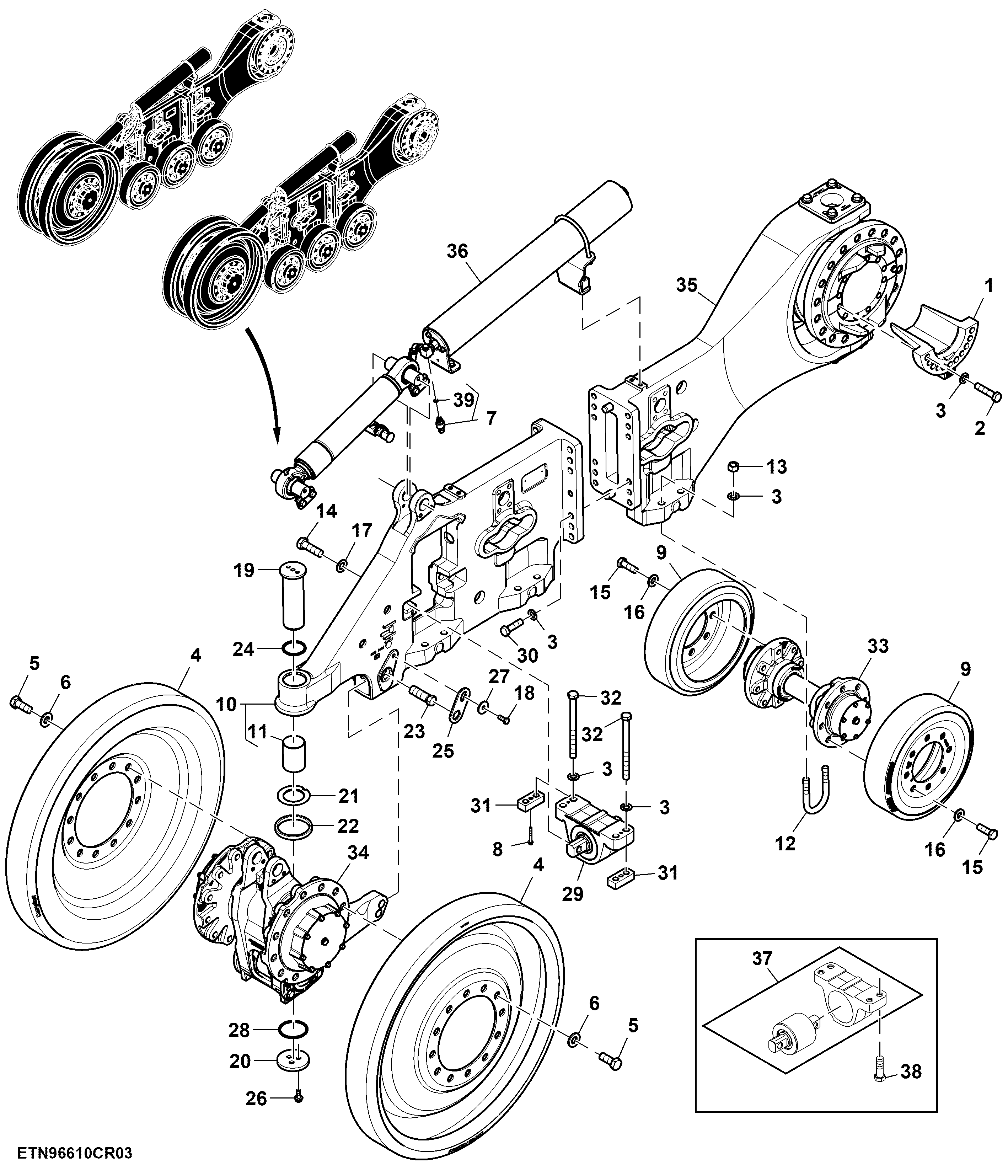 Track Frame Assembly, Narrow Undercarriage, Polyurethane Midroller Wheels (LH Illustrated)