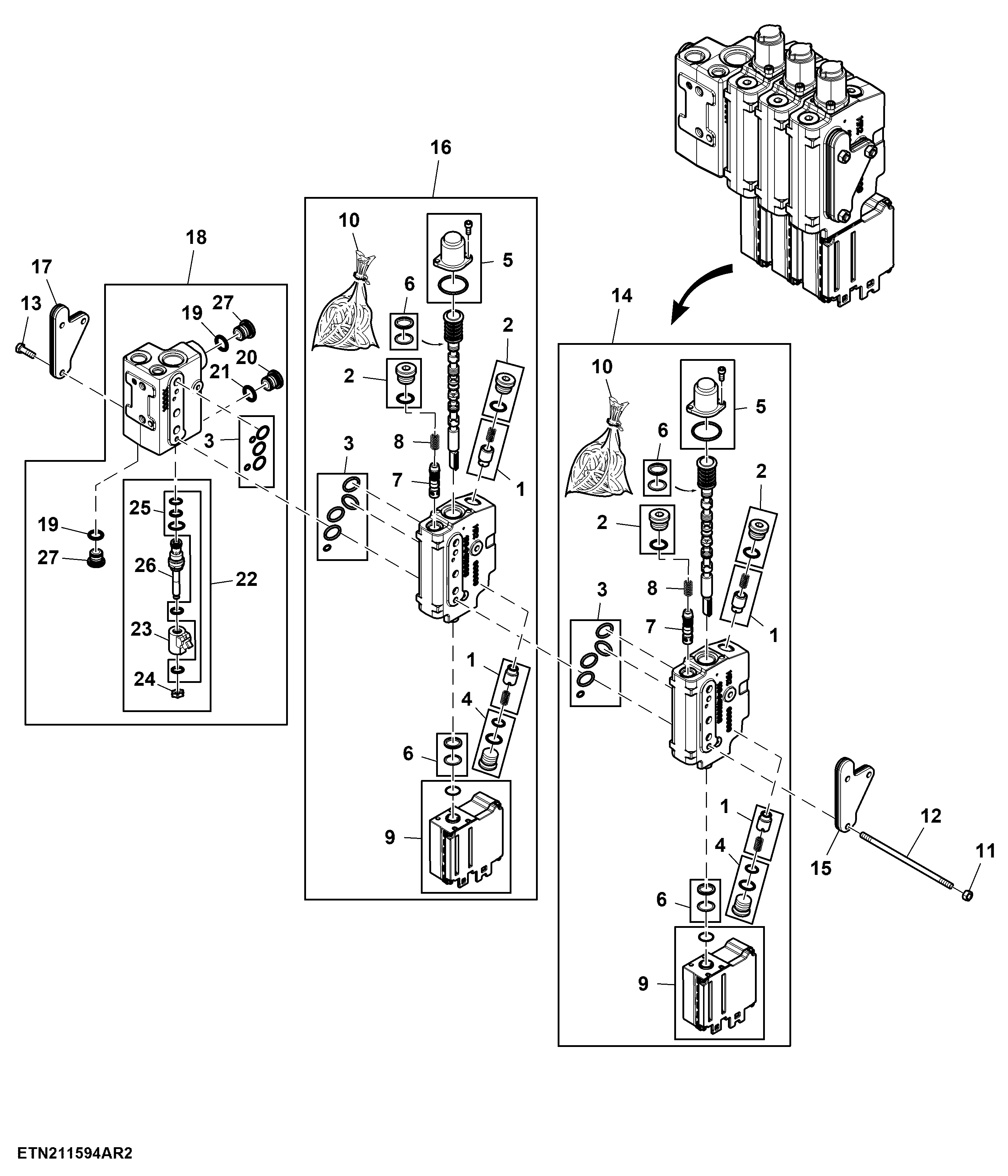 Electrical Midstack SCV, W/ 3 Functions, W/O Front Hitch Control Valve, W/ Front Loader (977139 - 999999), (100001 - 127155)