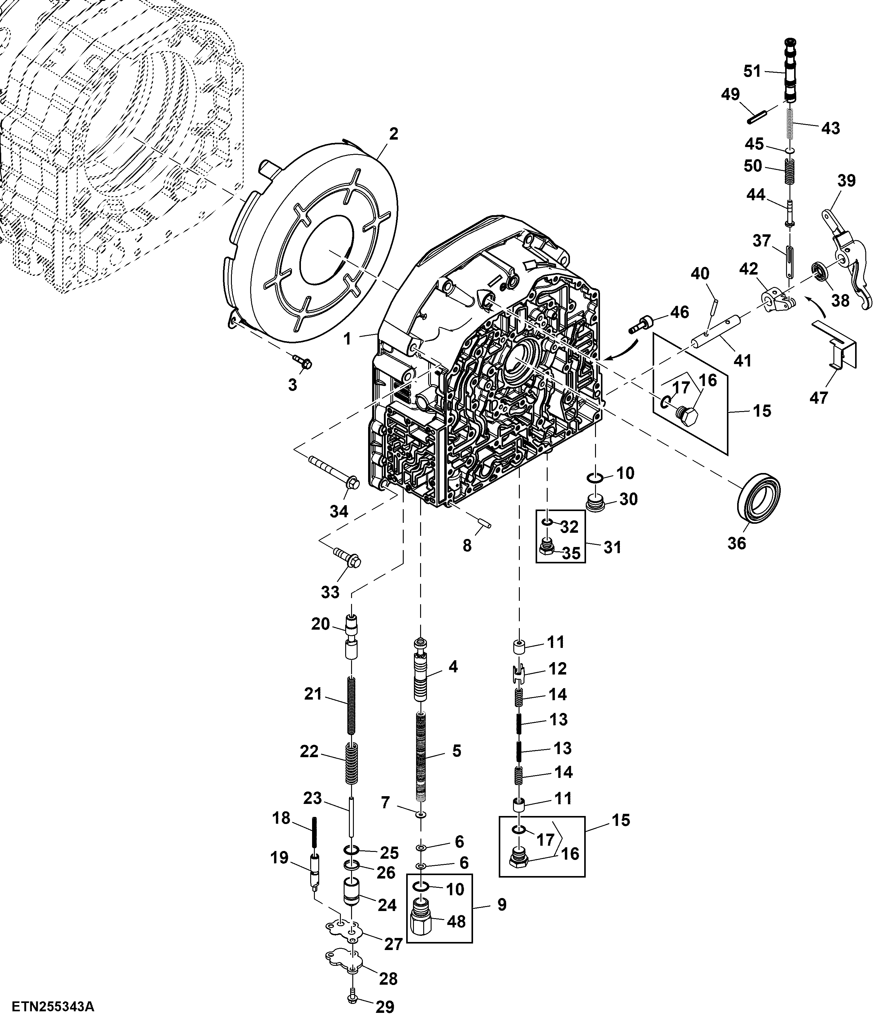 Transmission Front Cover, PowrQuad™ Transmission, 17 Bar (010000 - )