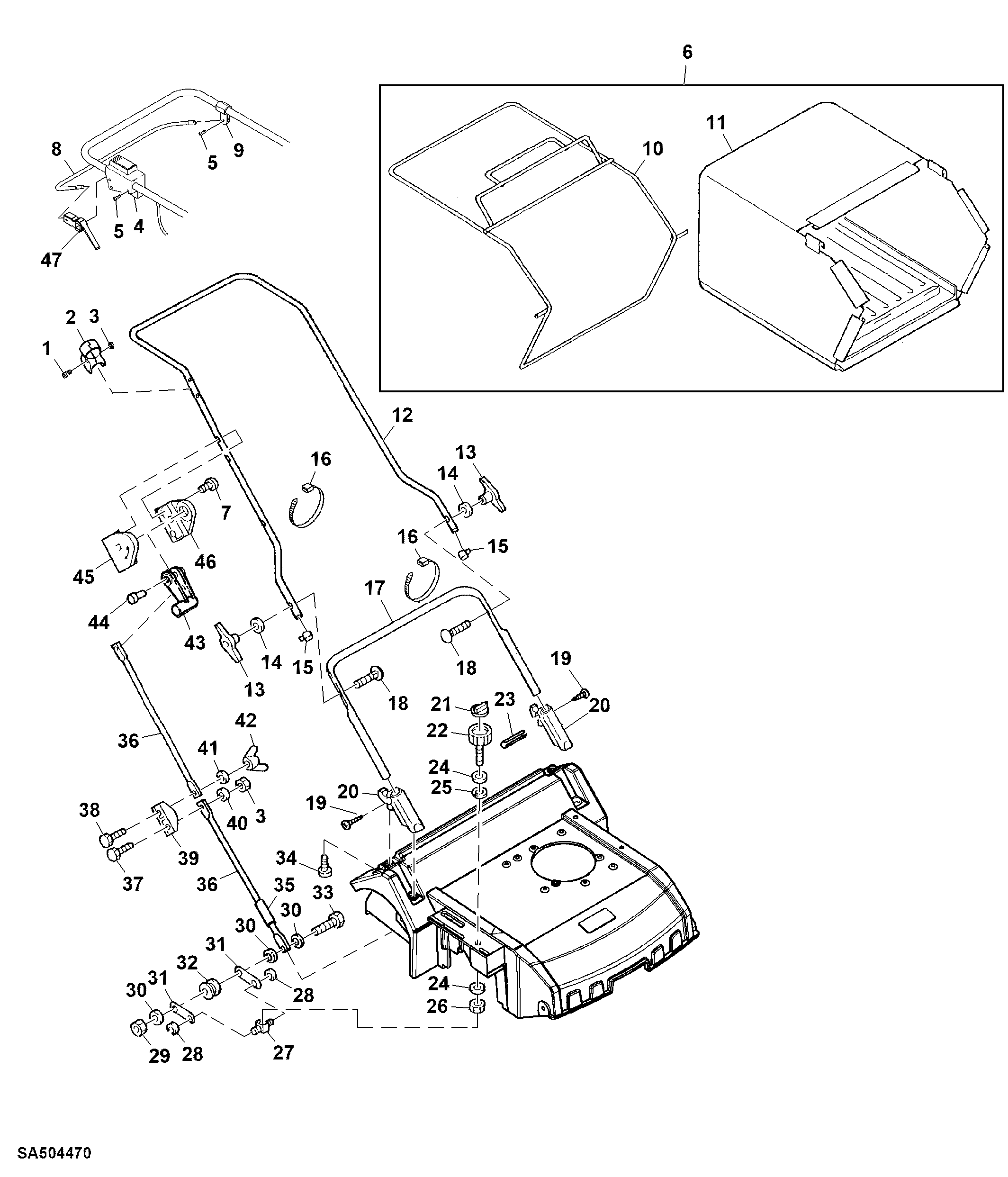 Handle, Starter Control, Shift Linkage and Grass Collector