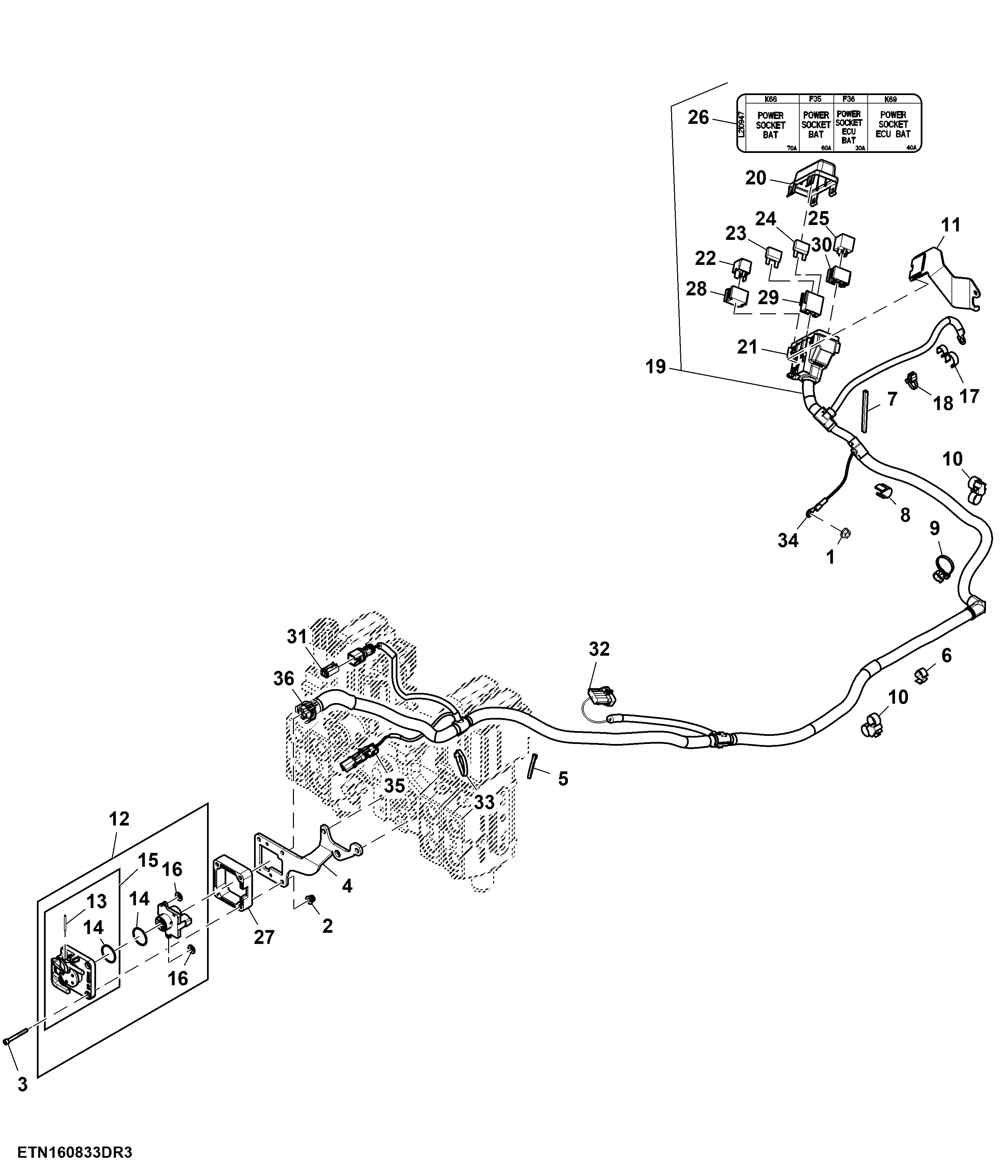 Wiring Harness, Power Outlet Socket, 60A, Rear, W/ Midstack SCV