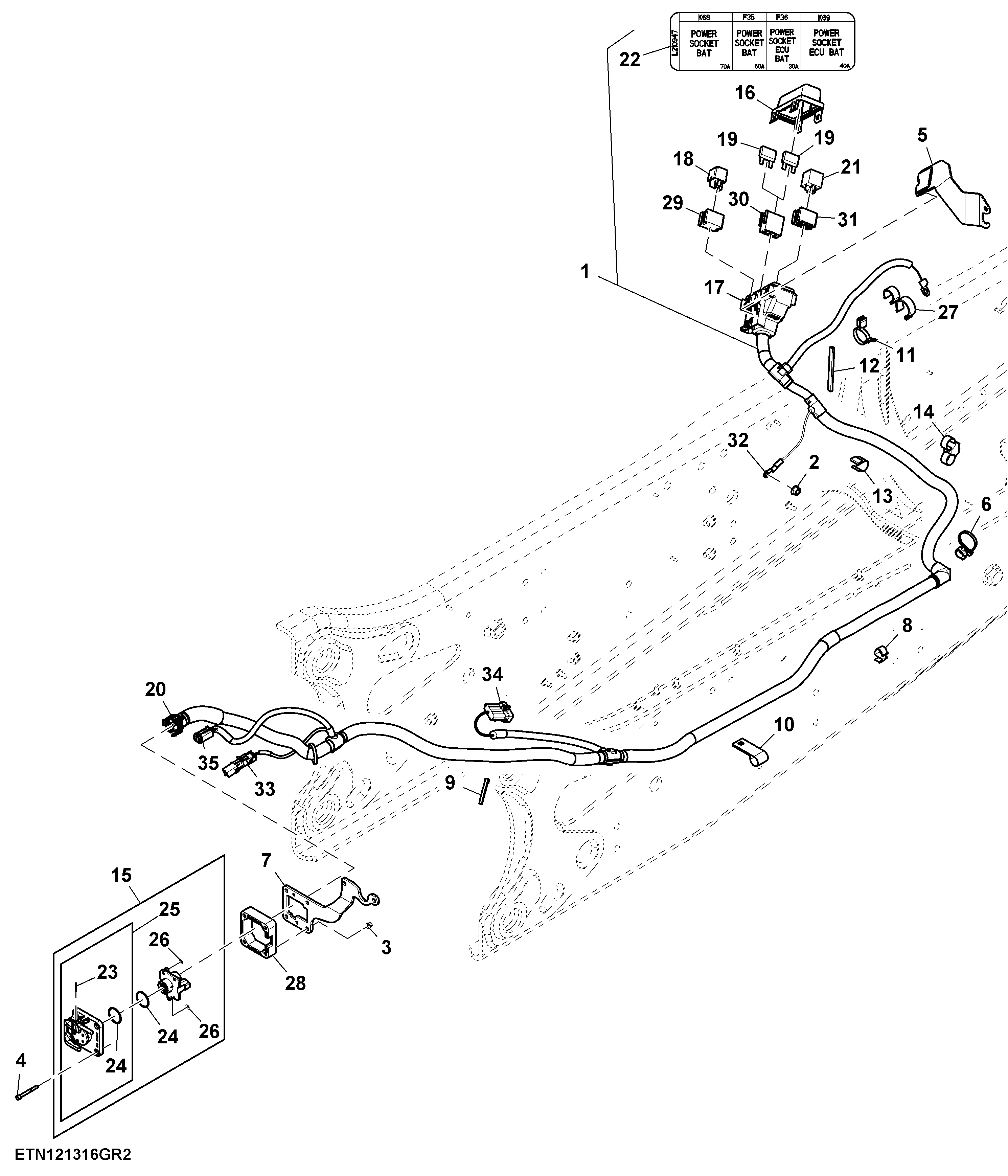 Wiring Harness, Power Outlet Socket, 60A, Rear, W/O Midstack SCV