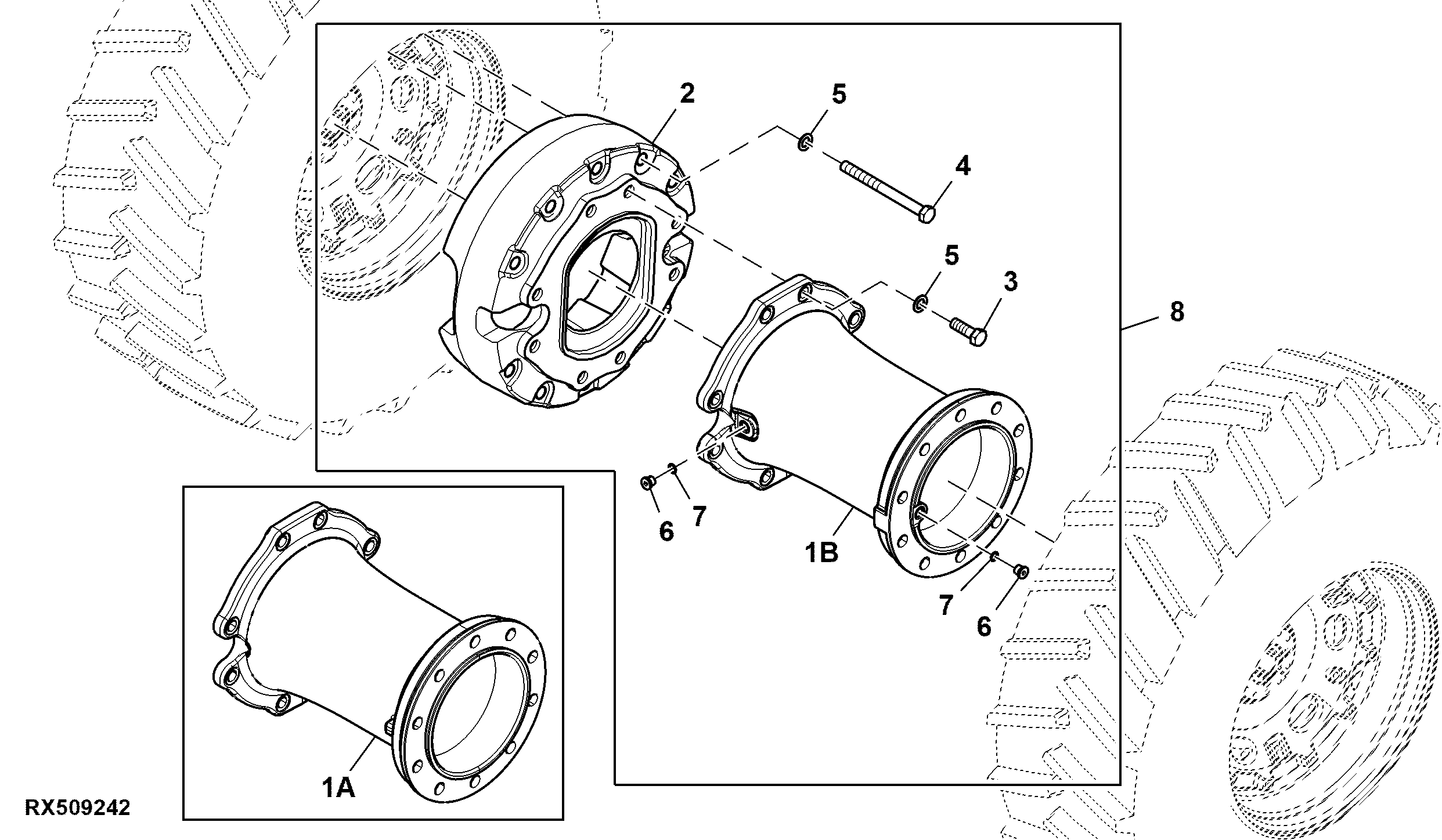 Dual Hub, Front Axle, RH Illustrated, Attachment
