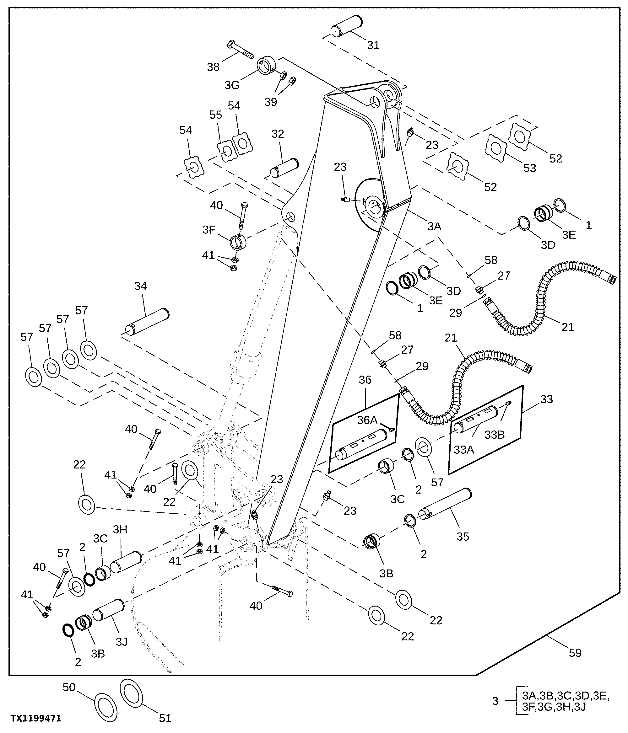 ARM, PINS, AND BUCKET CYLINDER HOSES (STANDARD ARM, 2.52M)