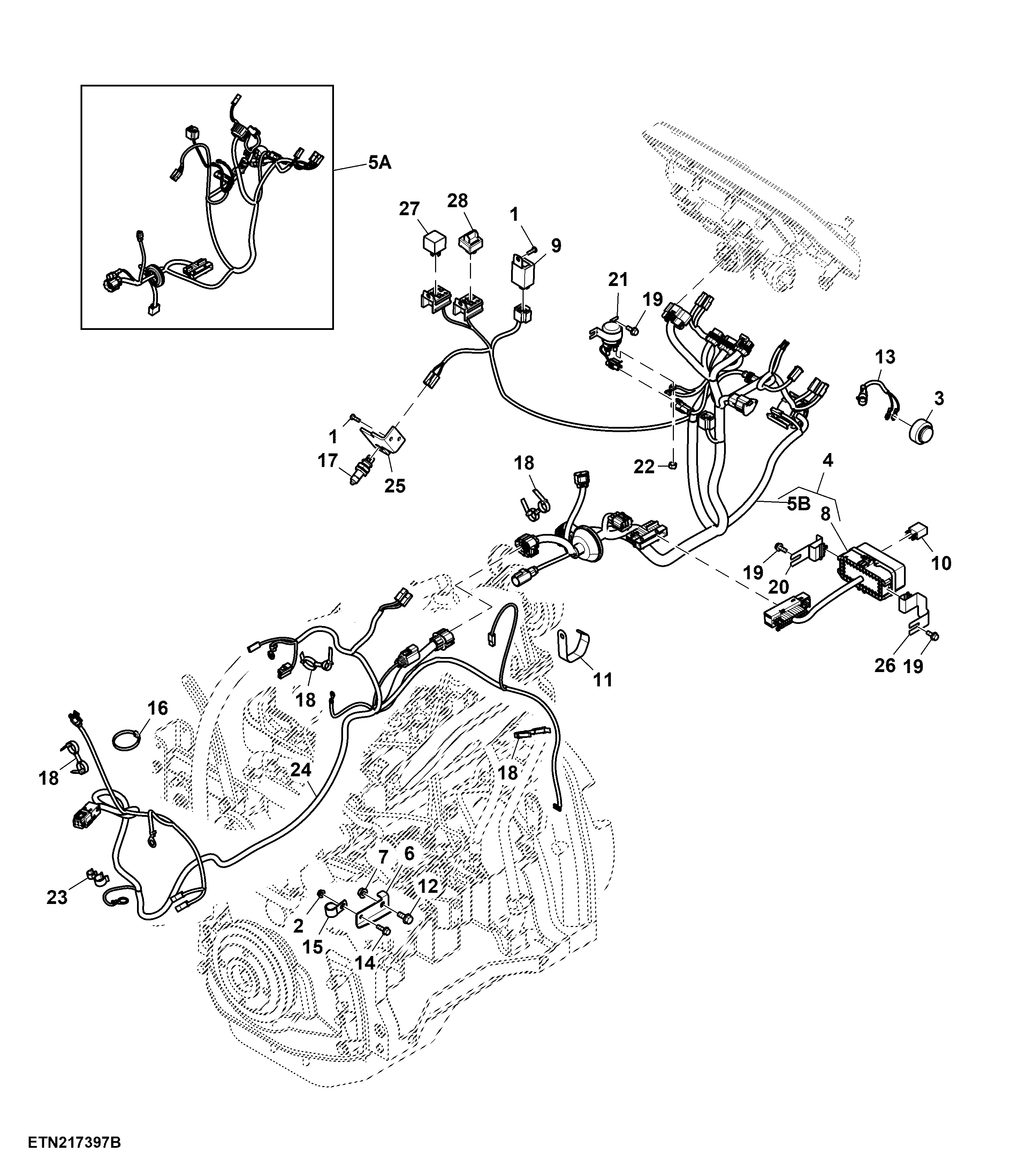 Front Wiring Harness, Inline, South, Reverse PTO