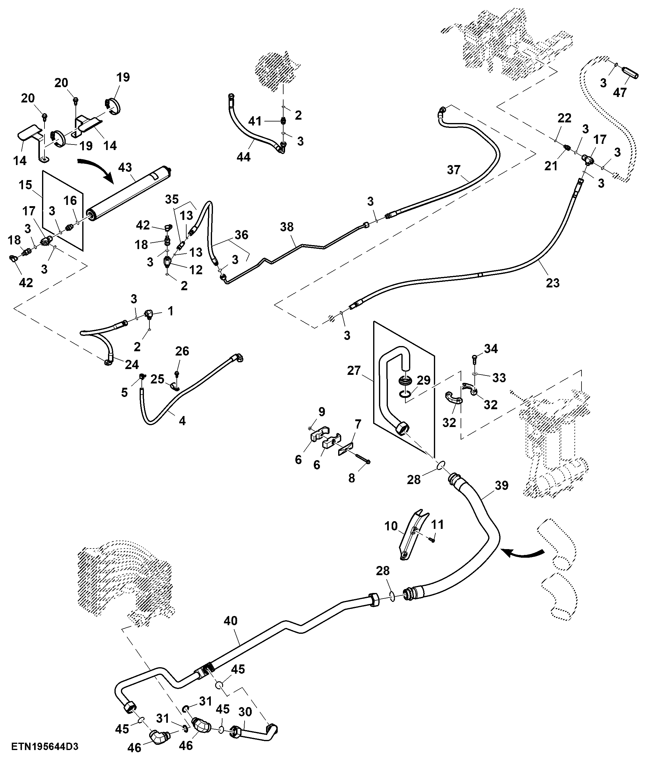 Hydraulic Lines, High Flow Pump, 4 or 6 Rear SCV, W/ Short Drawbar Support (For Scraper) (2/2)