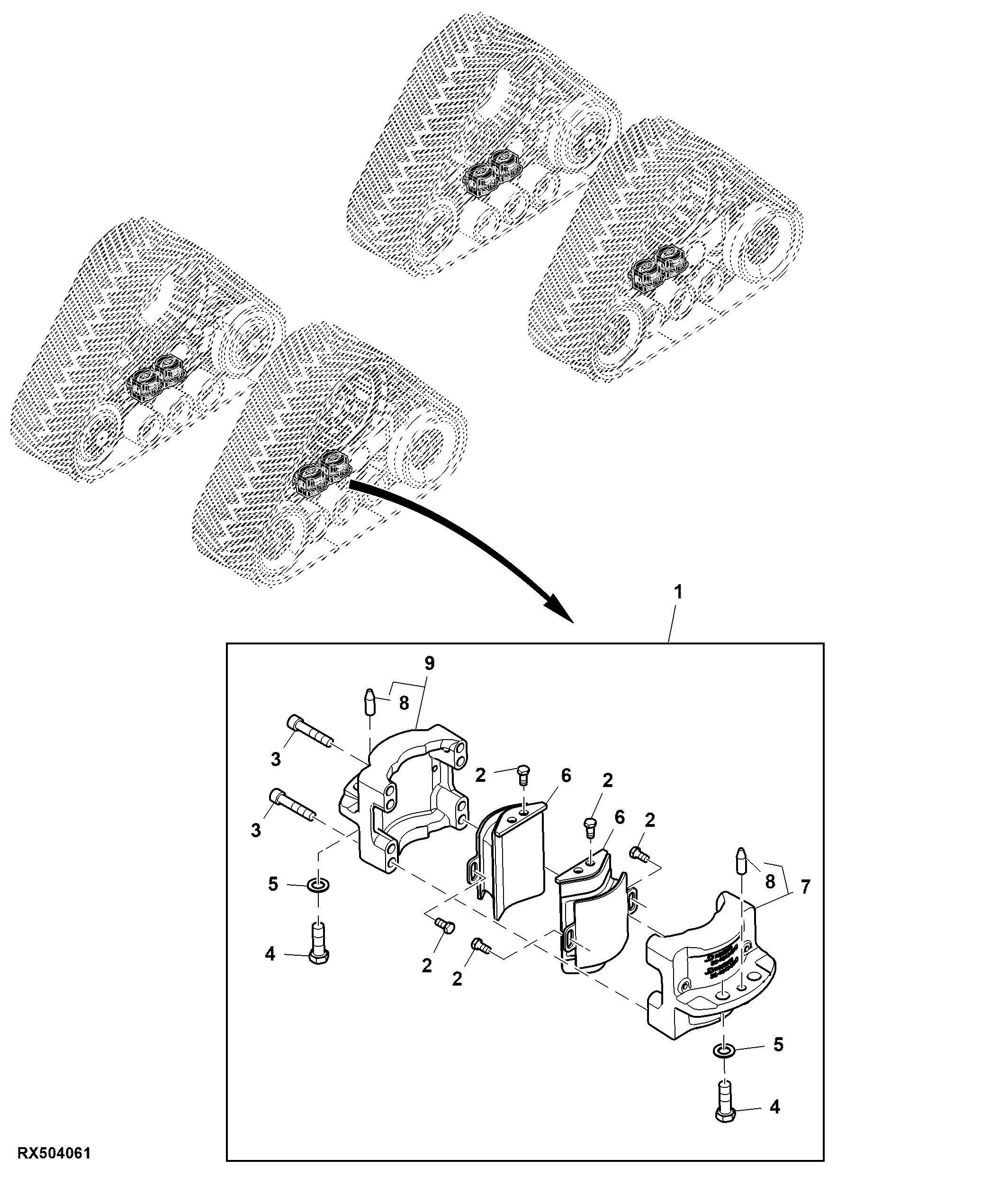 Midroller Axle Support Beam Assembly, Narrow Undercarriage (Front, LH Illustrated)