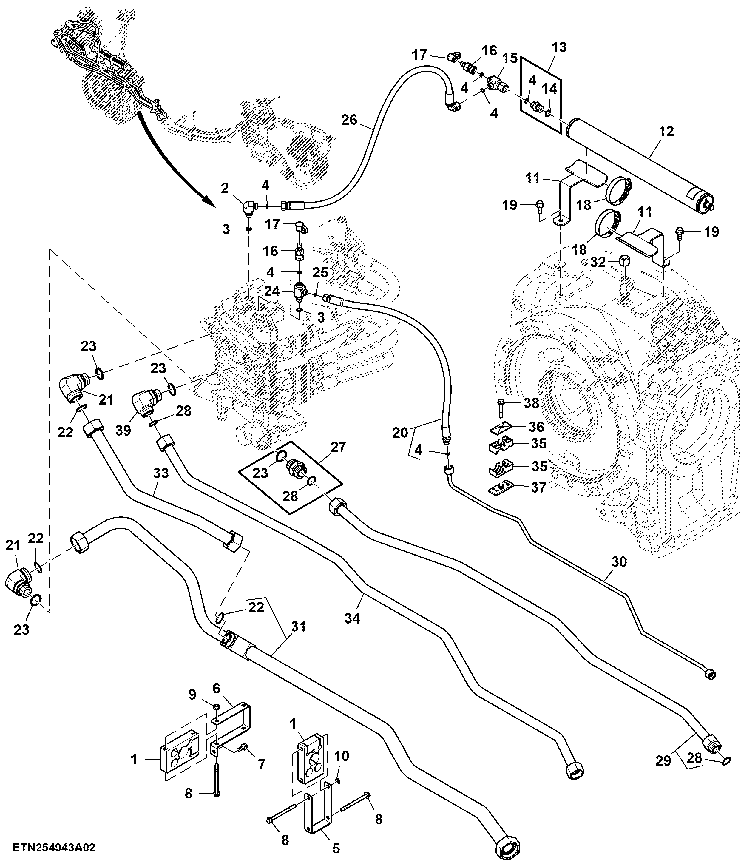 Oil Lines, SCV, W/ High Flow, W/ Long Drawbar Support, (For Scraper) (2/2)