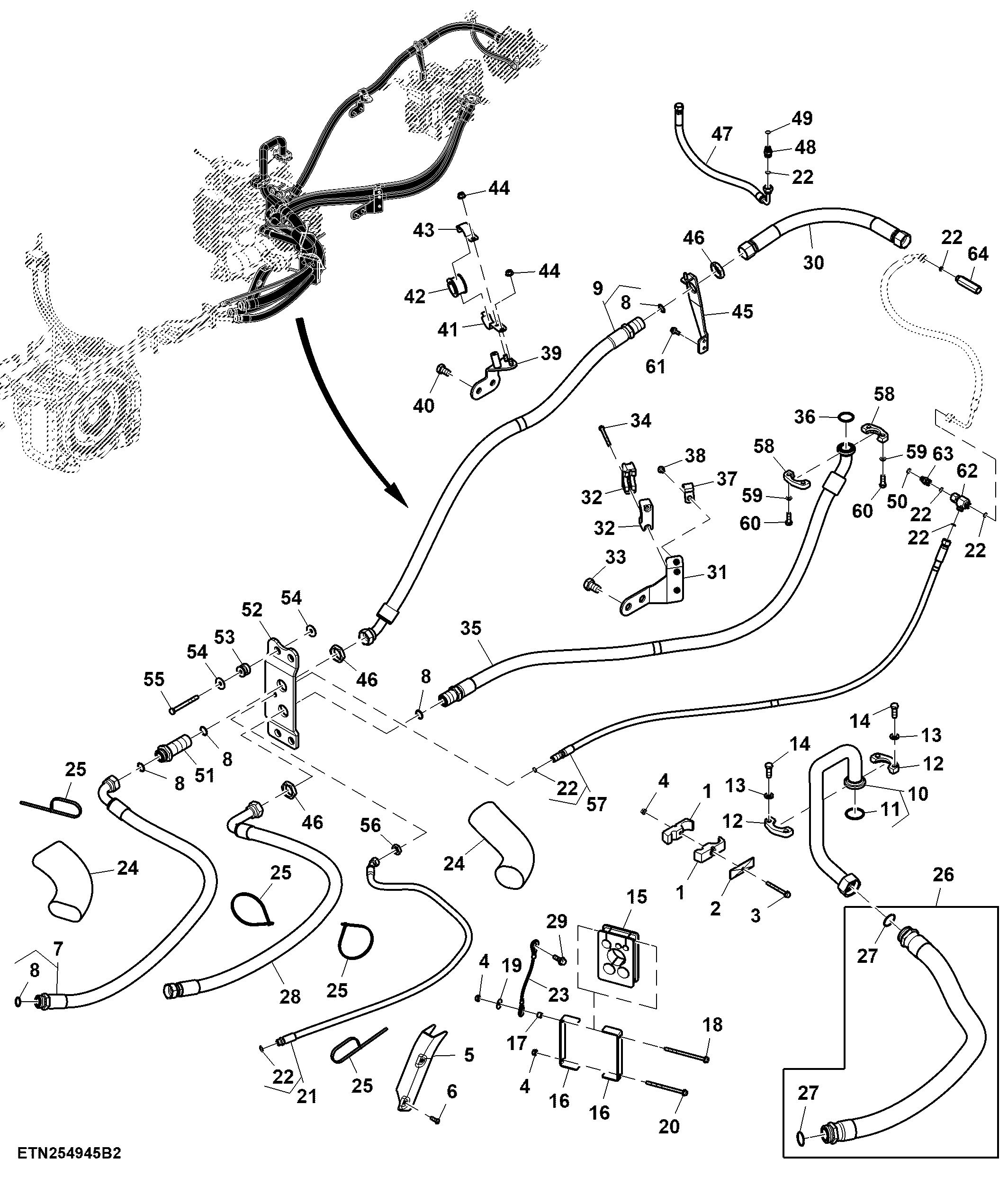 Oil Lines, SCV, W/ High Flow, W/ Short Drawbar Support, (For Scraper) (2/2)