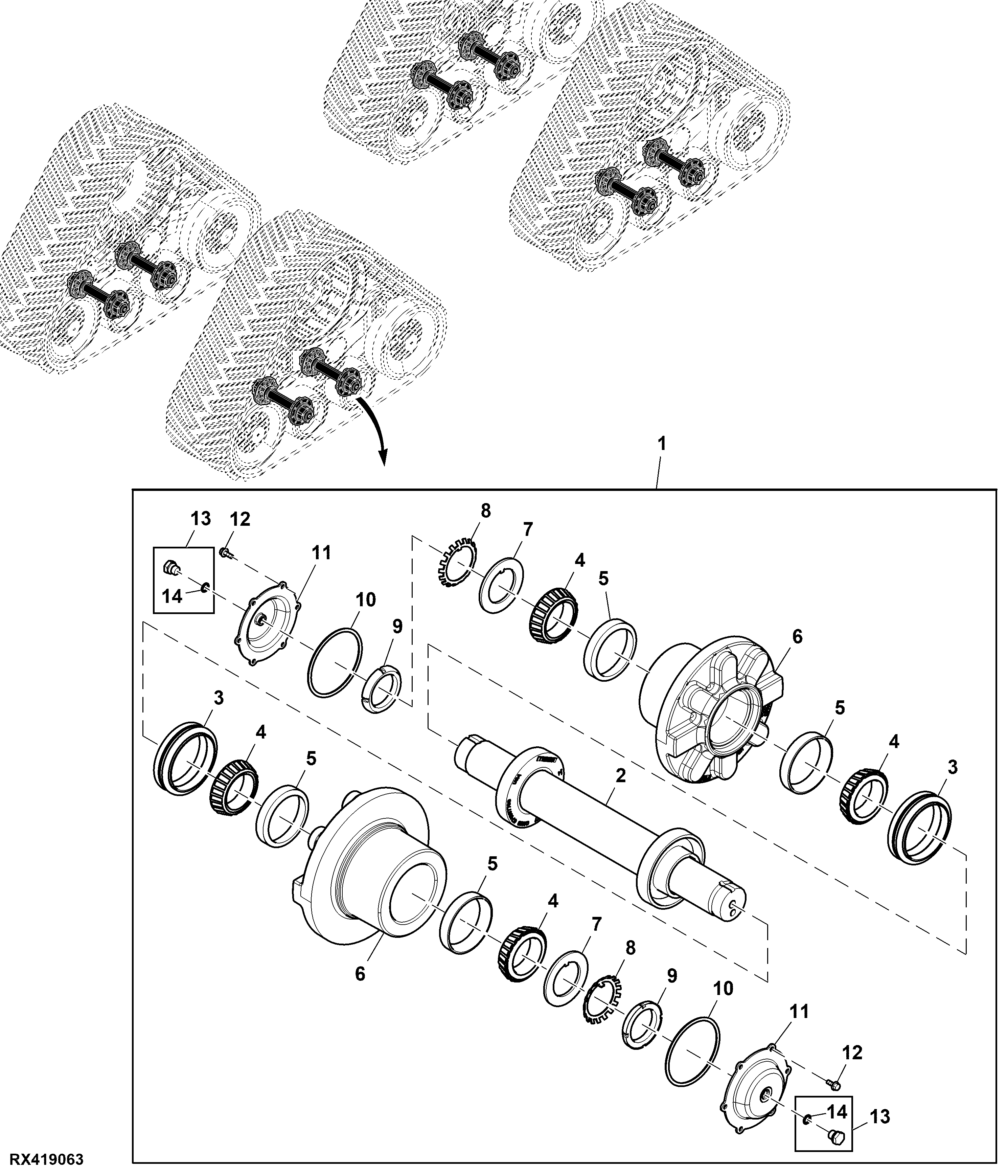 Midroller Spindle, Wide Undercarriage (Front, LH Illustrated)