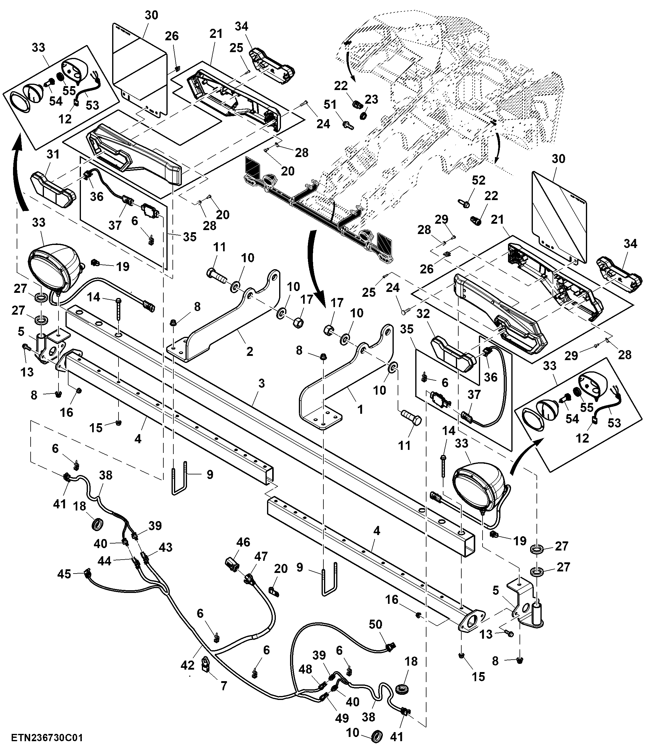 Light Bar and Short Extremity Arms, RH Driving Countries, 13.6 L Engine (1/2)