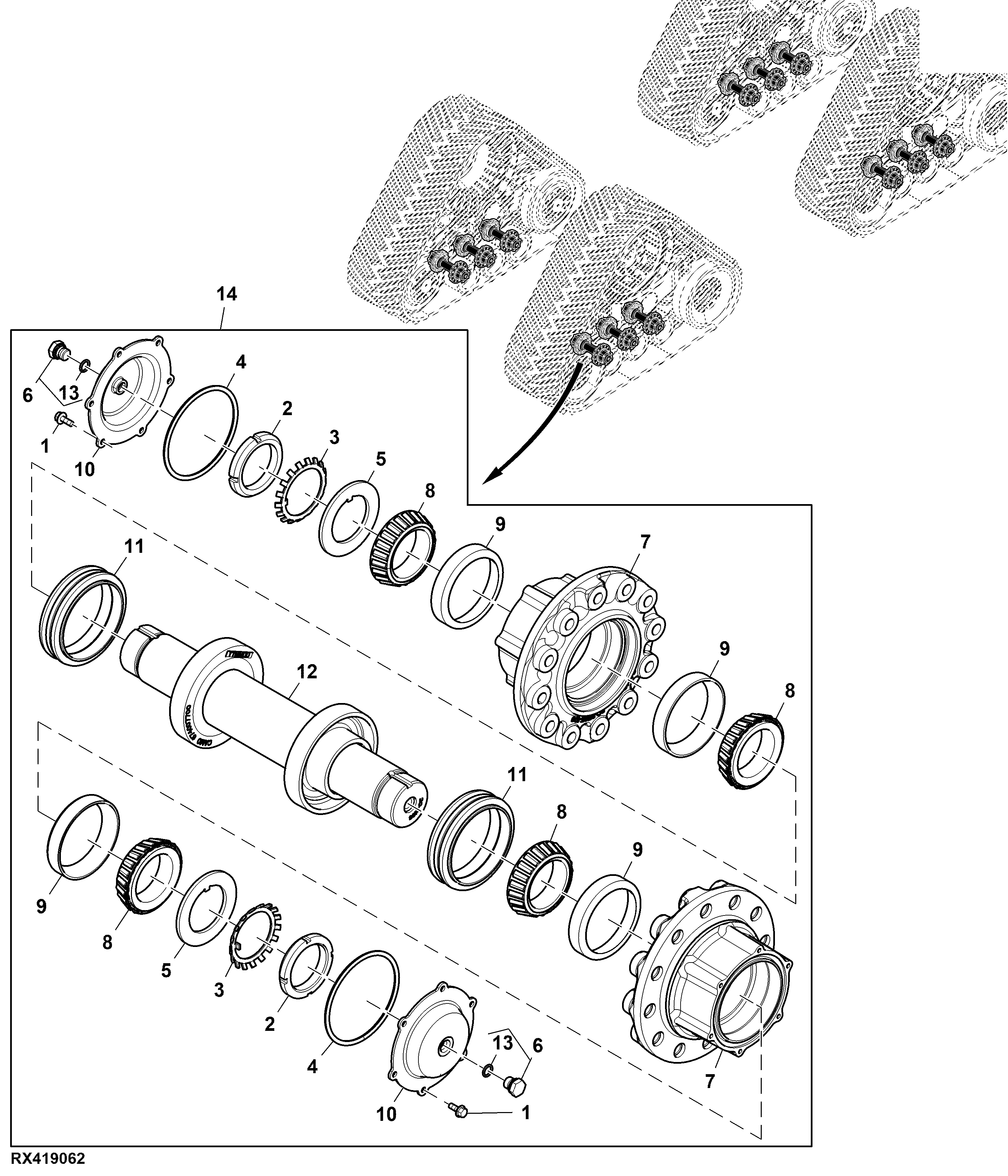 Midroller Spindle, Narrow Undercarriage (Front, LH Illustrated)