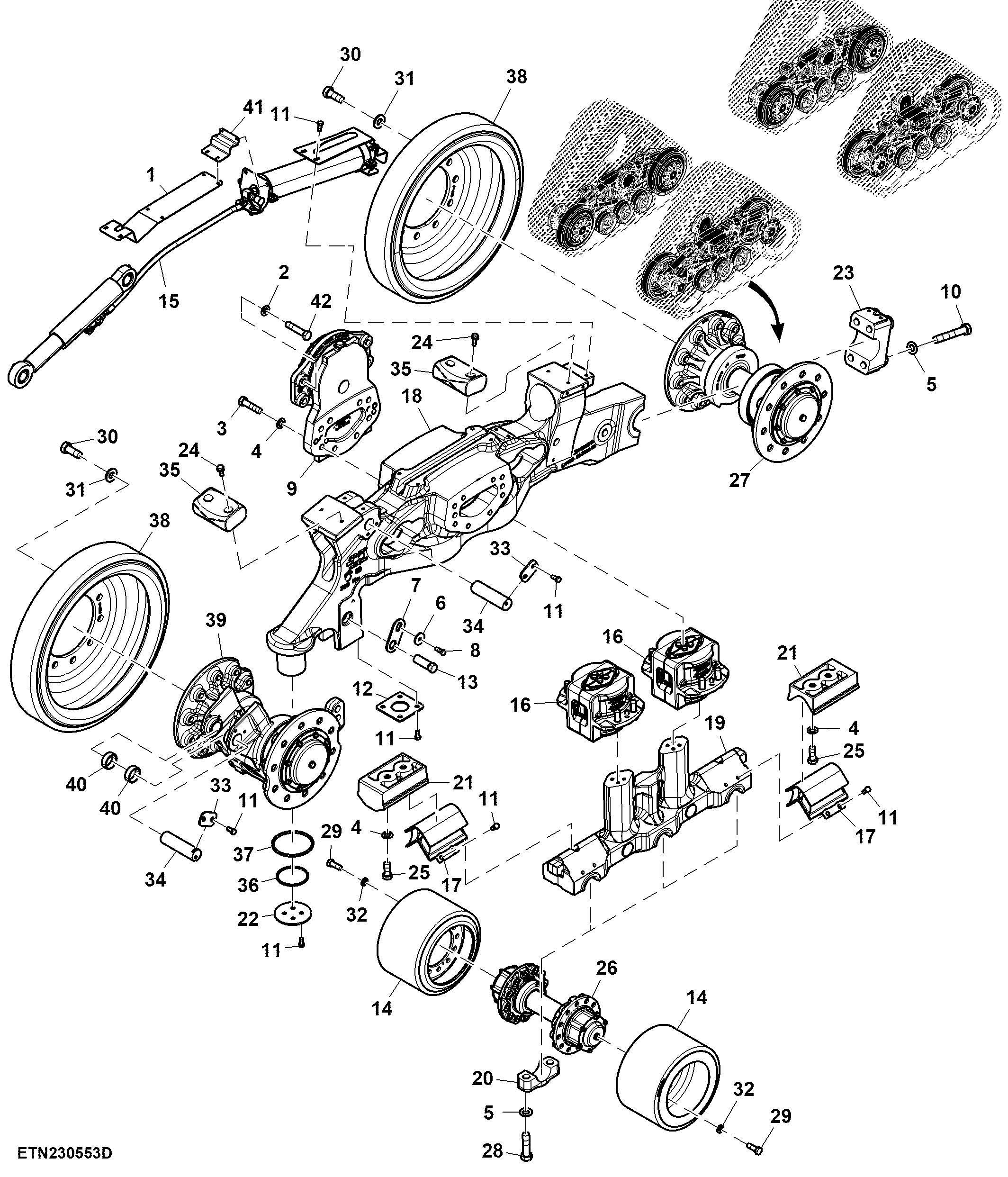 Track Frame and Support Assembly, 18" Width, Narrow Undercarriage (Front, LH Illustrated)