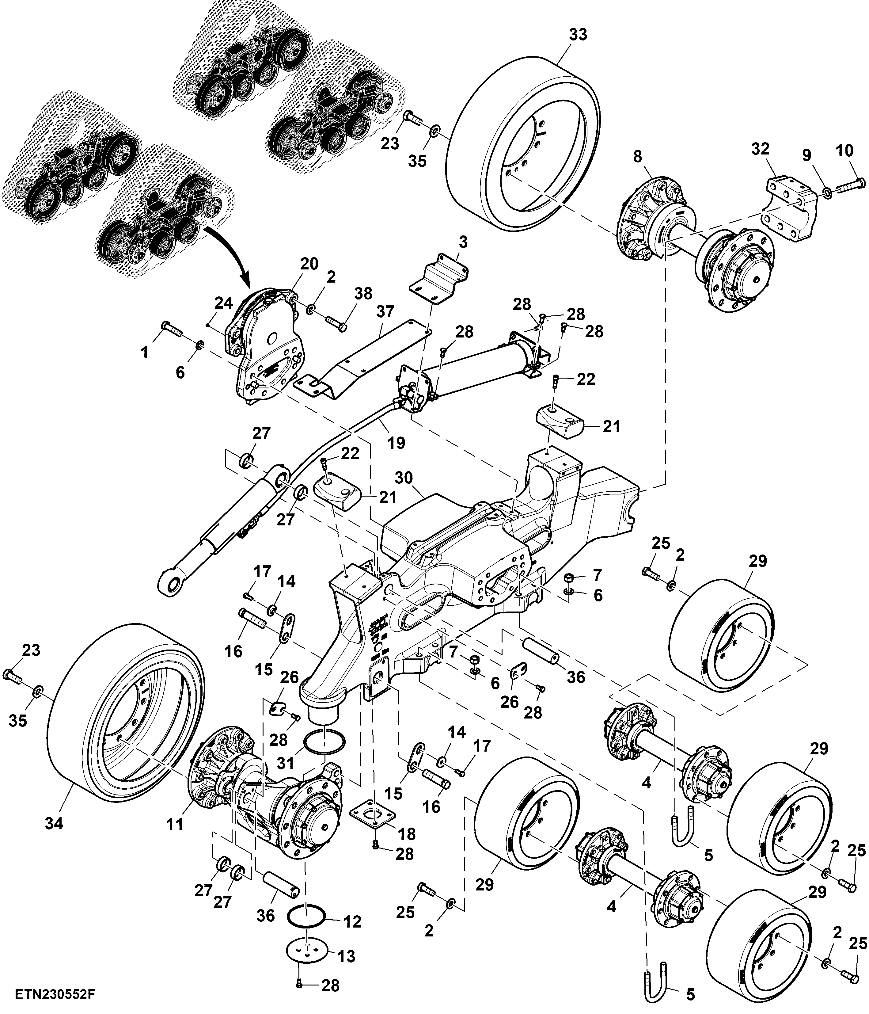 Track Frame and Support Assembly, Polyeurathane Midroller Wheel, Wide Undercarriage (Front, LH Illustrated)