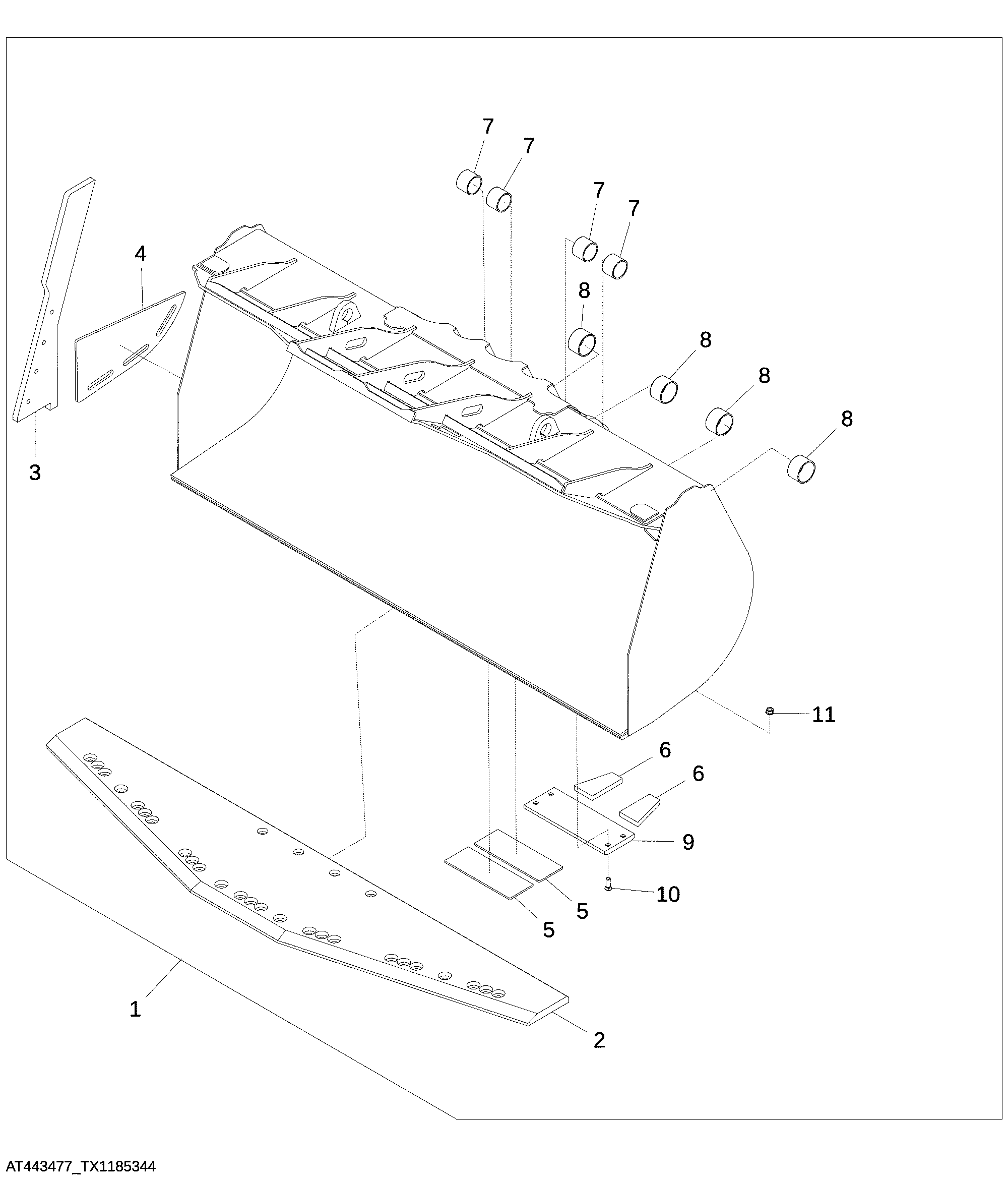 Spade Nose Rock Bucket Without Teeth 6.88 m³ (9.0 yd³) Kit, Z-bar