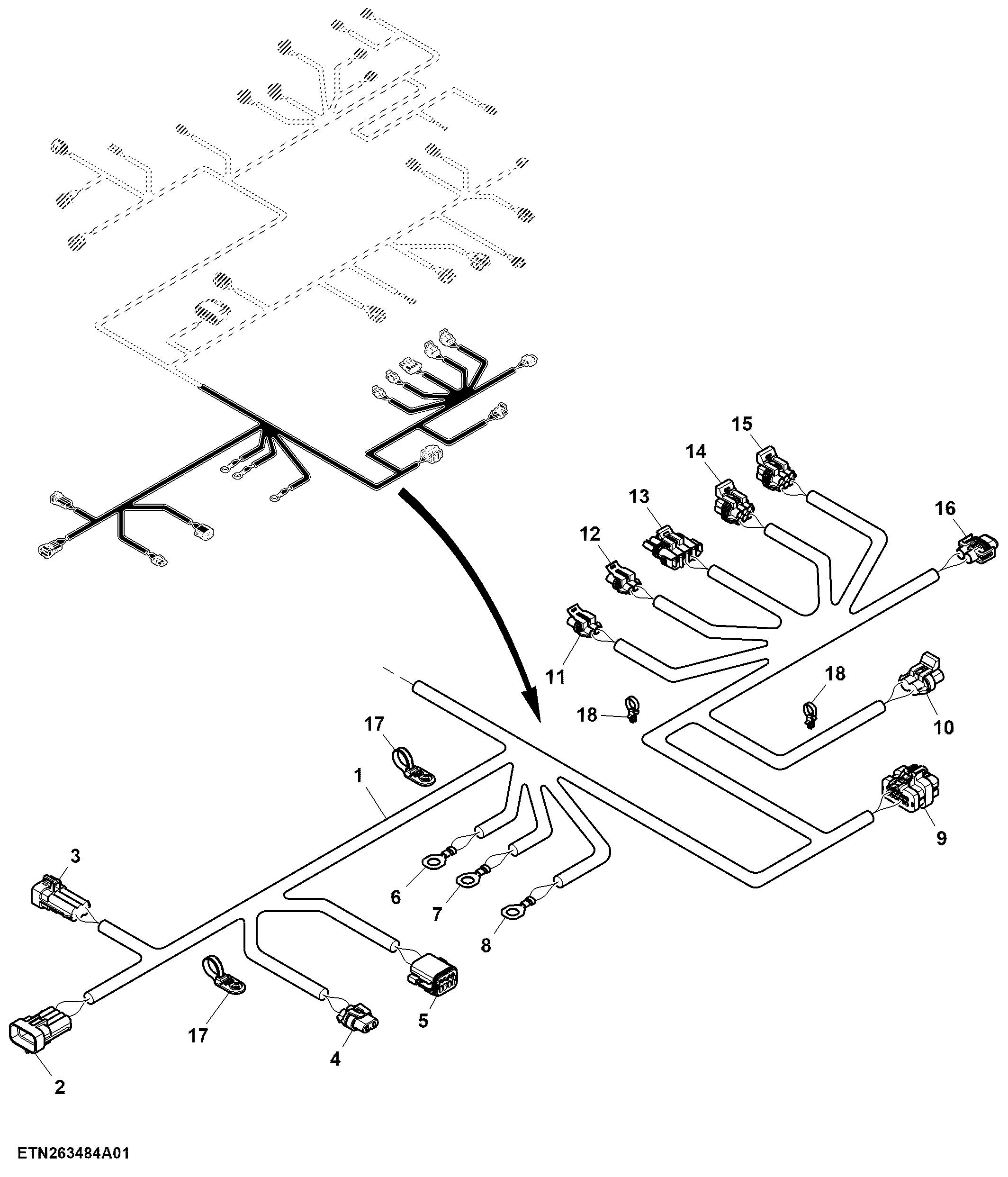 Main Wiring Harness W/ Power Shift Transmission Control Unit, Left Control Unit 2 (1/4) (140111 - )
