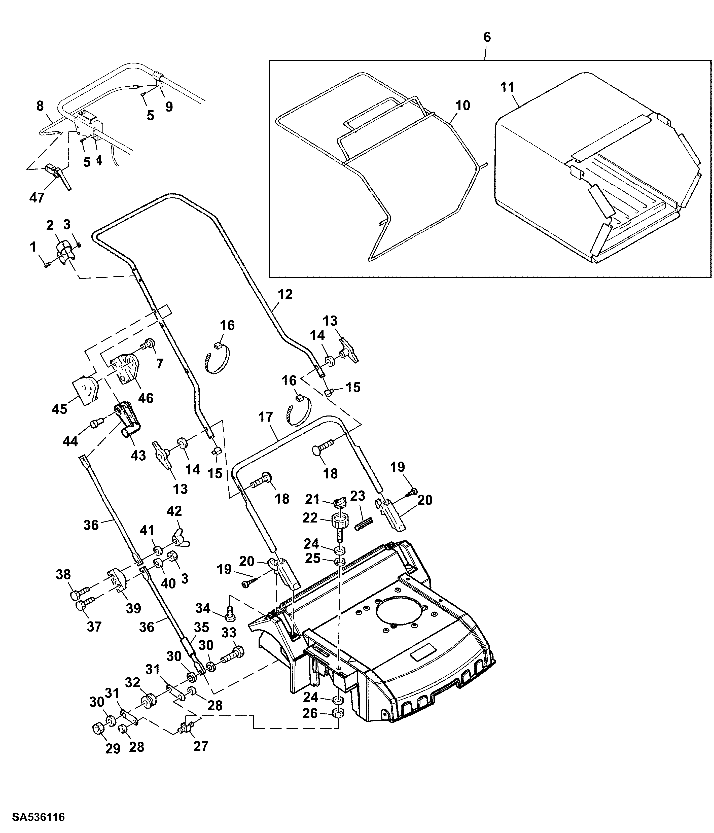 Handle, Starter Control, Shift Linkage and Grass Collector